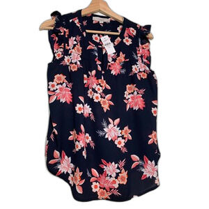 Loft Womens Blouse Blue Pink Floral Sleeveless Keyhole Neck Button XS New
